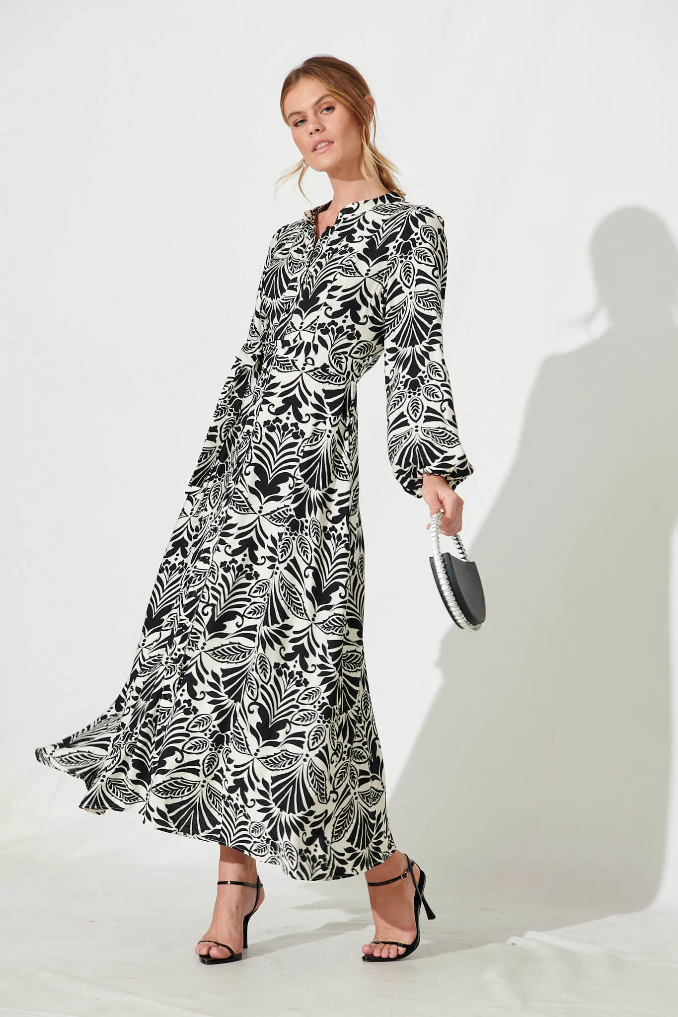 Lorie Maxi Shirt Dress In Black Monochrome Cotton Blend sold by St Frock