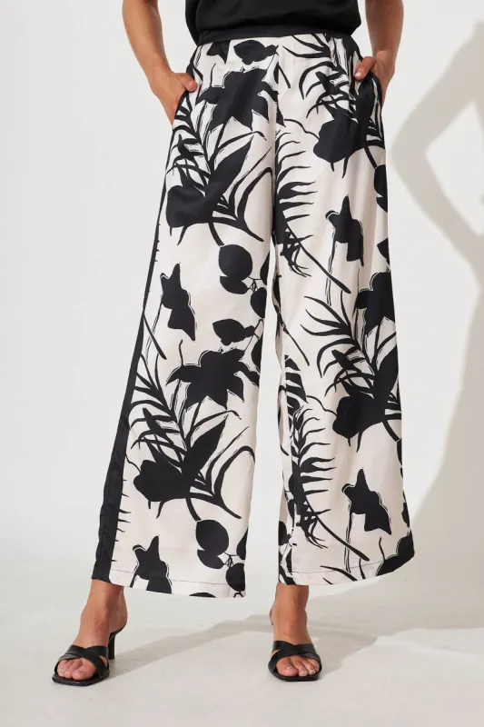 Jenson Pant In Black And White Leaf Print Satin sold by St Frock