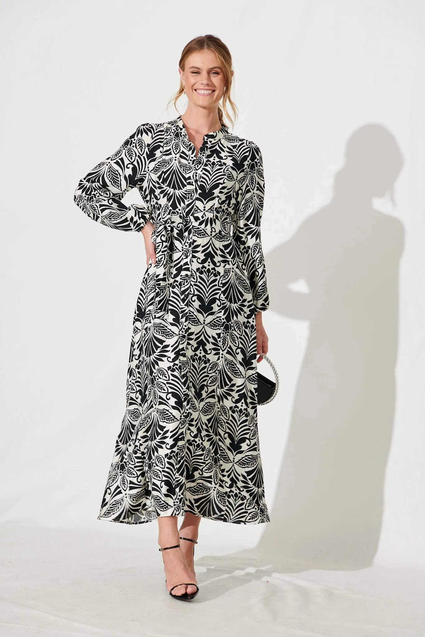 Lorie Maxi Shirt Dress In Black Monochrome Cotton Blend sold by St Frock product image thumbnail 3