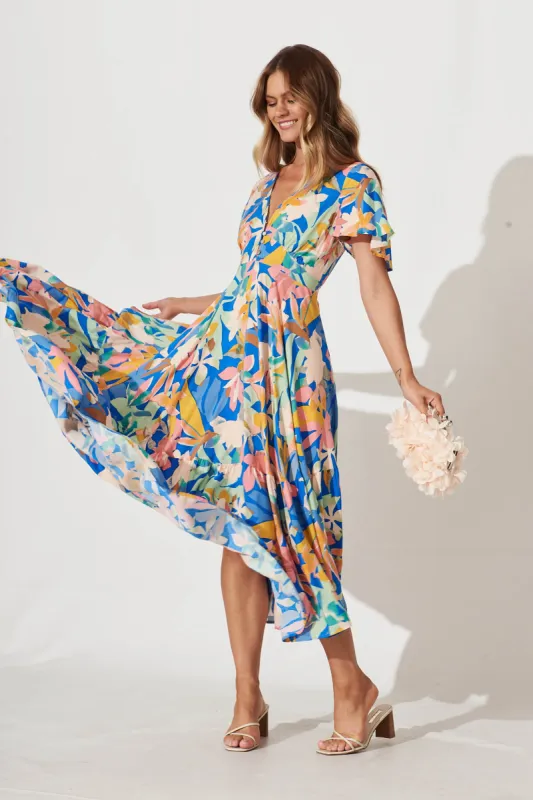 Nevada Maxi Dress In Cobalt With Multi Floral sold by St Frock