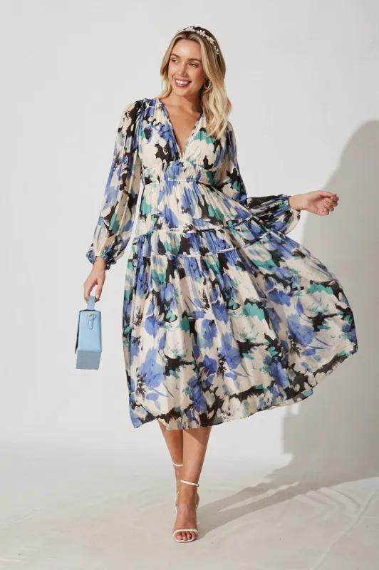 Beeblossom Midi Dress In Blue With Multi Floral sold by St Frock