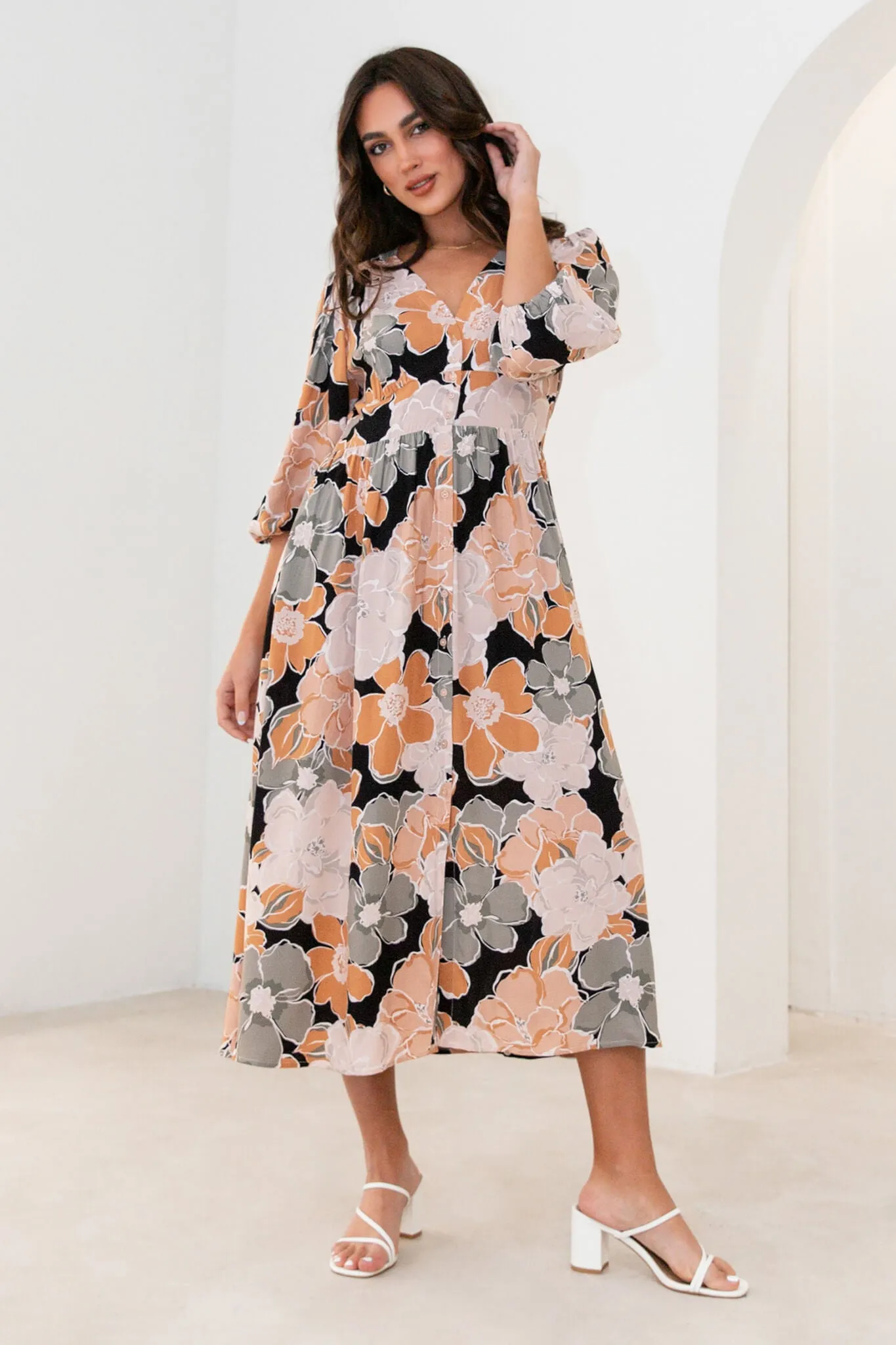 Brixton Midi Dress In Rust With Khaki Floral sold by St Frock