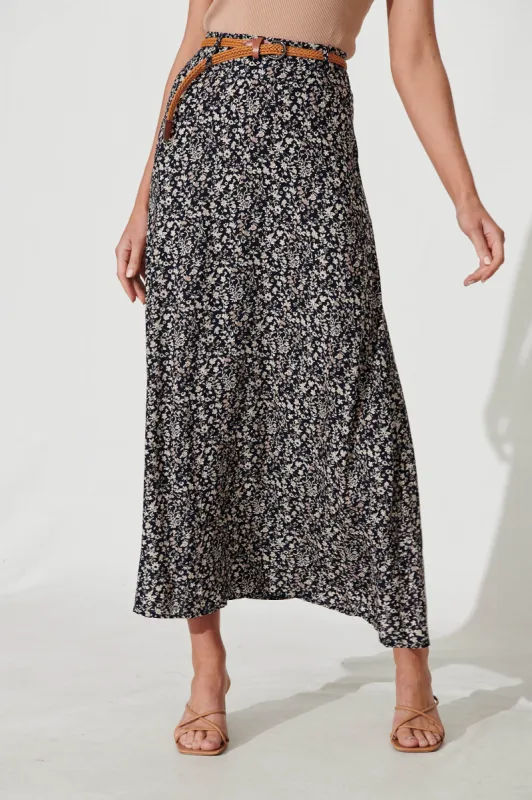 Josephine Maxi Skirt With Belt In Navy With Ditsy Floral sold by St Frock