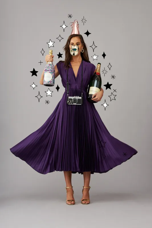 Anetta Midi Dress In Pleated In Purple Satin sold by St Frock