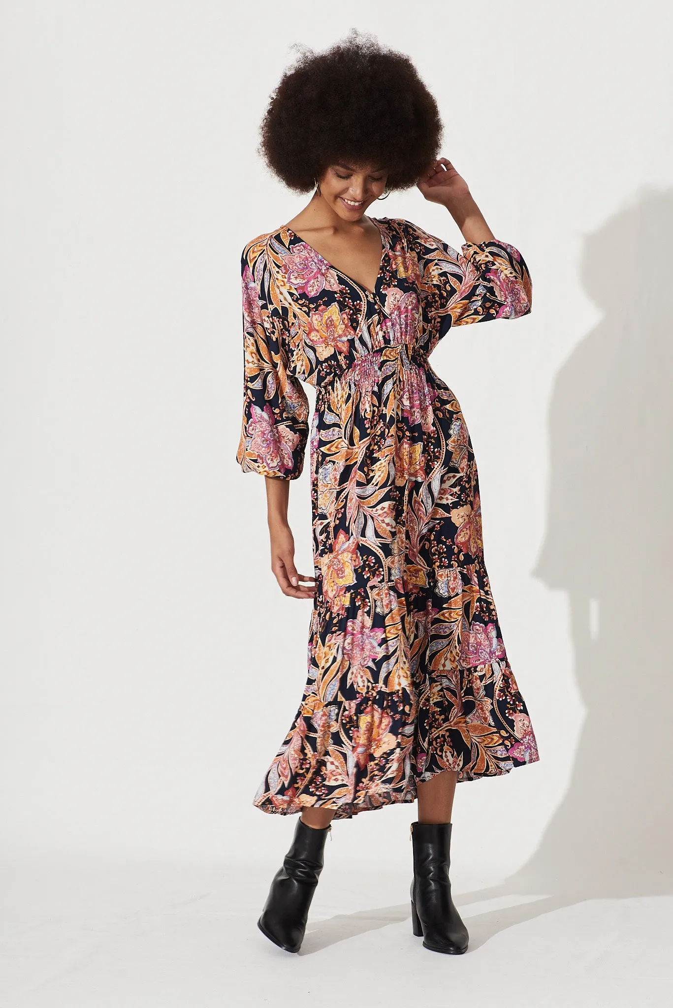 Lavinia Midi Dress Ink With Pink And Yellow Floral sold by St Frock product image thumbnail 2