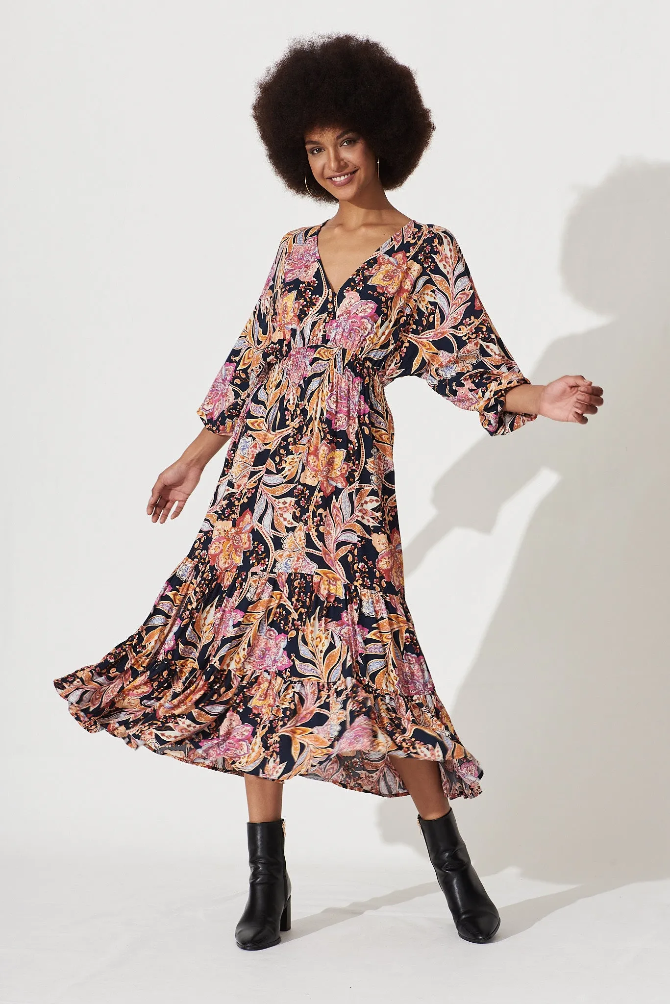 Lavinia Midi Dress Ink With Pink And Yellow Floral sold by St Frock