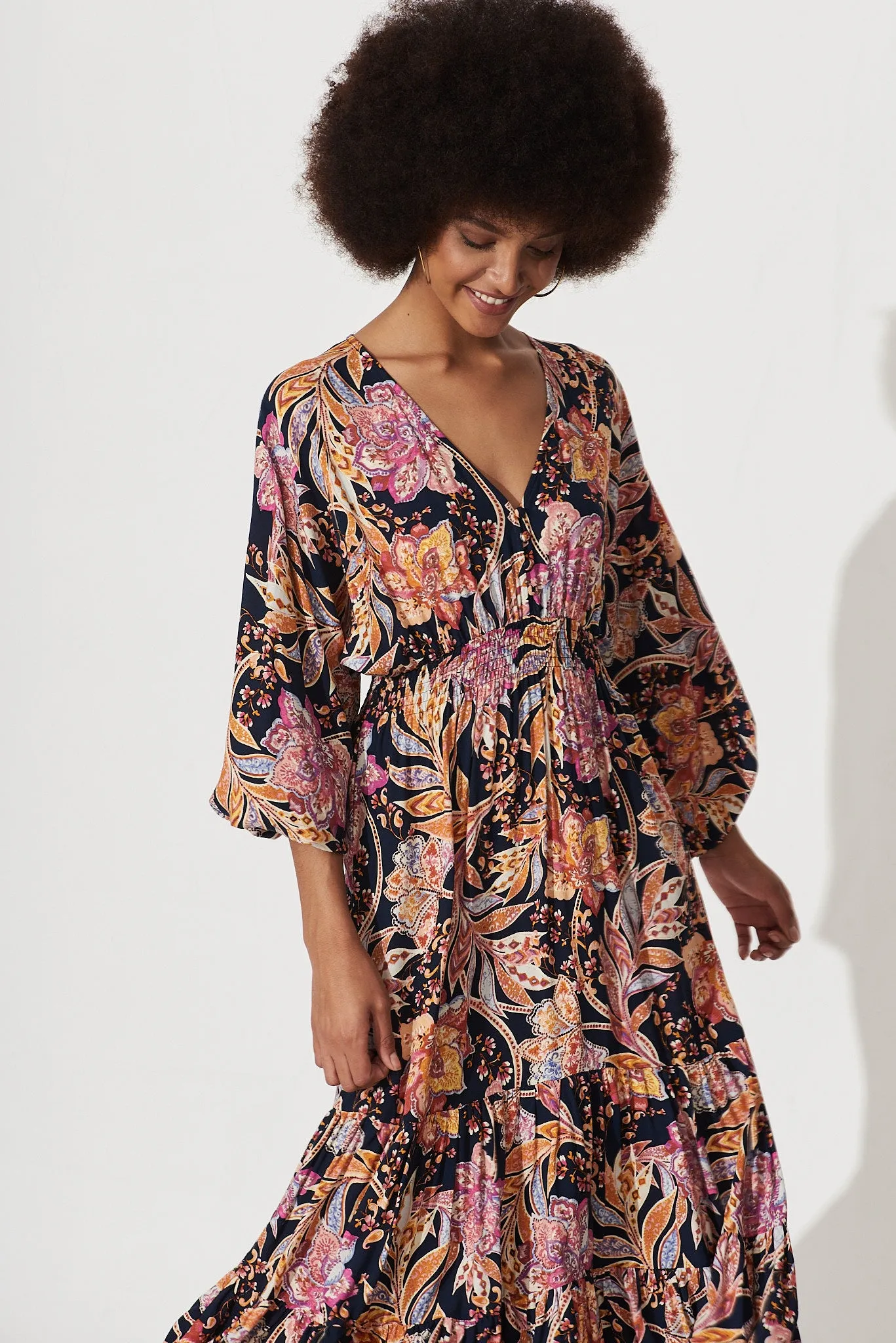 Lavinia Midi Dress Ink With Pink And Yellow Floral sold by St Frock product image thumbnail 3