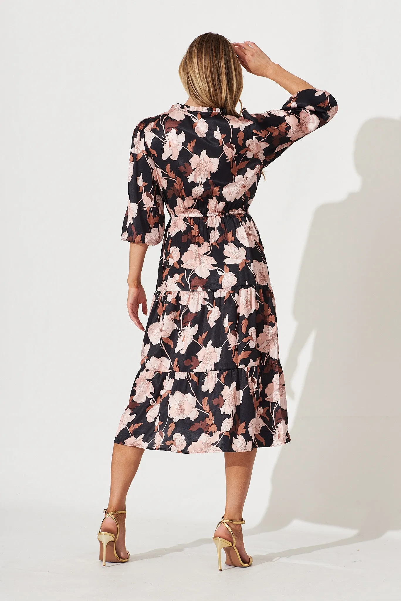 Marisol Midi Dress In Black With Brown Floral Satin sold by St Frock product image thumbnail 4