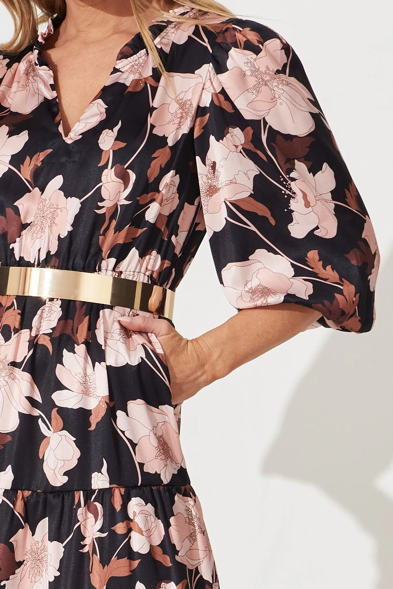 Marisol Midi Dress In Black With Brown Floral Satin sold by St Frock product image thumbnail 5