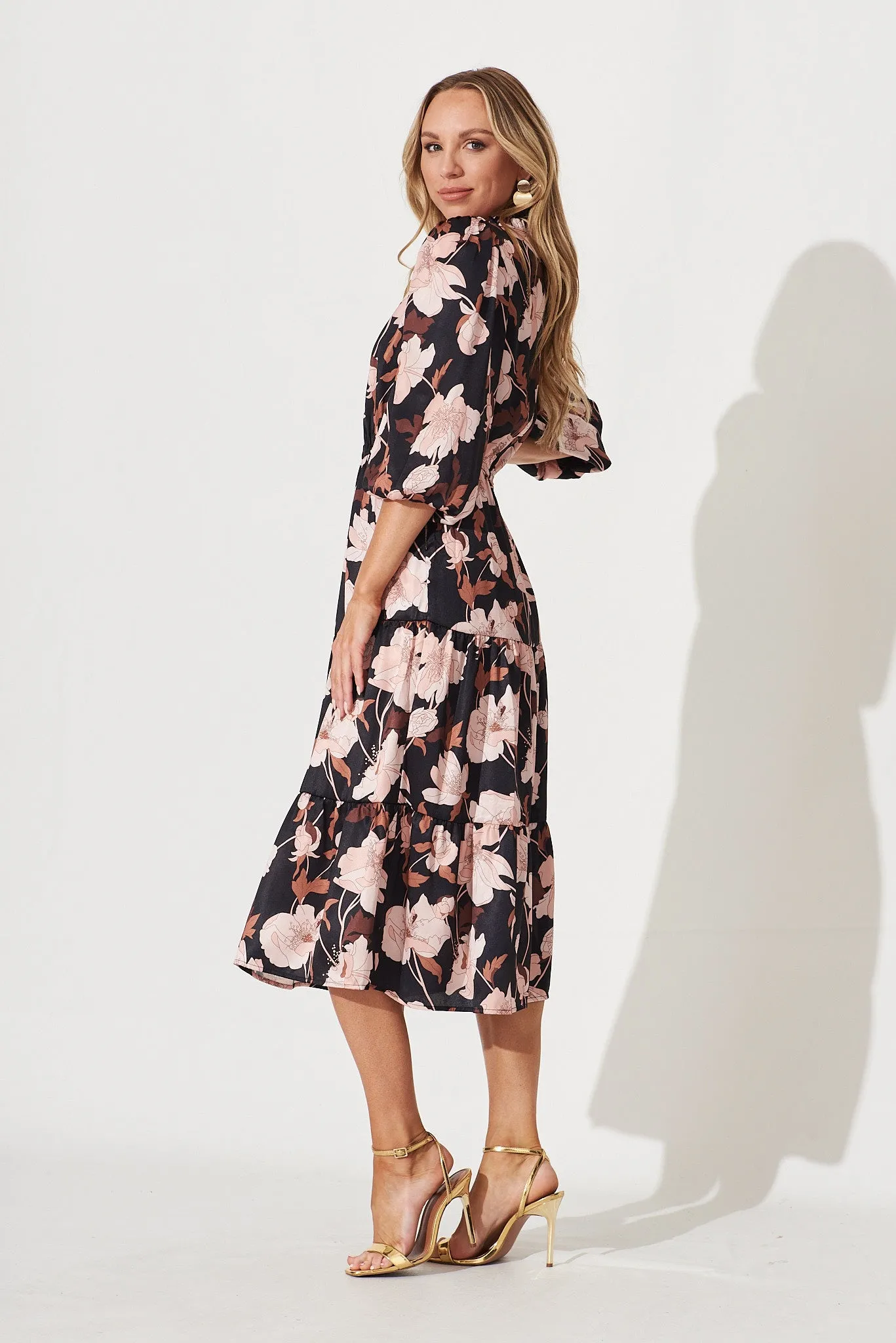 Marisol Midi Dress In Black With Brown Floral Satin sold by St Frock product image thumbnail 3