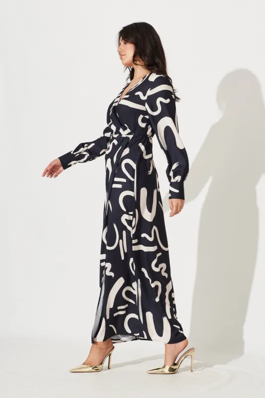 Lavender Bay Wrap Maxi Dress In Black With White Print sold by St Frock