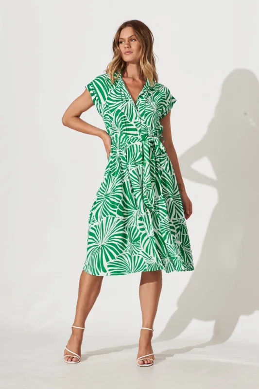 Joanie Midi Shirt Dress In Green And White Palm Print sold by St Frock