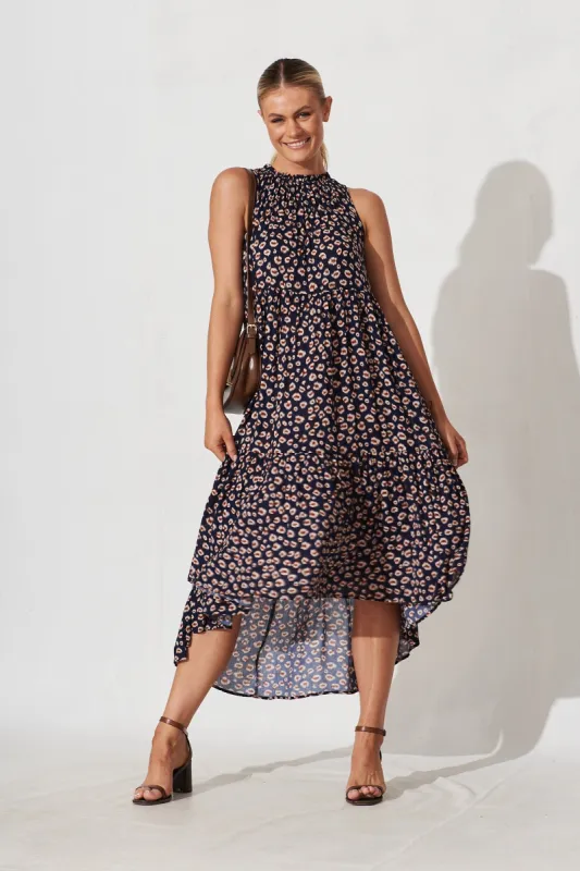 Abbotsford Midi Smock Dress In Navy With Leopard Print sold by St Frock