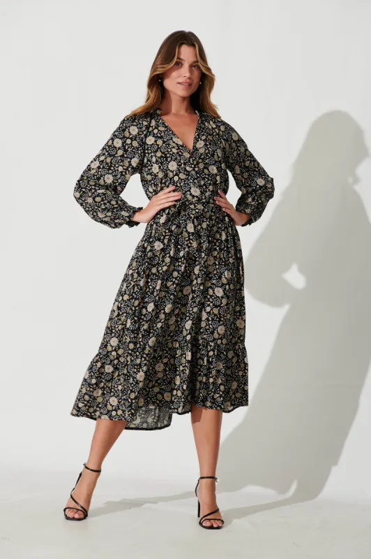 Frangipane Midi Dress In Black With Cream Floral sold by St Frock