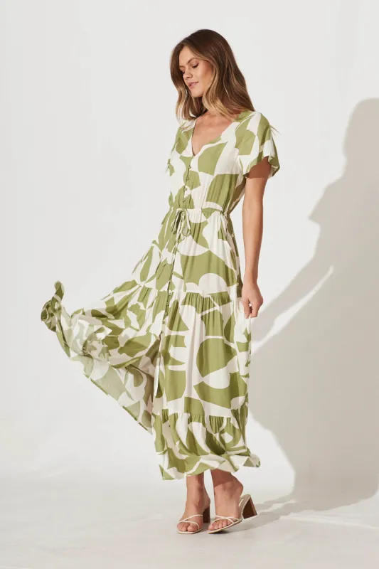 Clairie Maxi Dress In Olive And Cream Geometric Print sold by St Frock