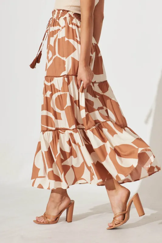 Freedom Maxi Skirt In Tan With Cream Geometric Print sold by St Frock