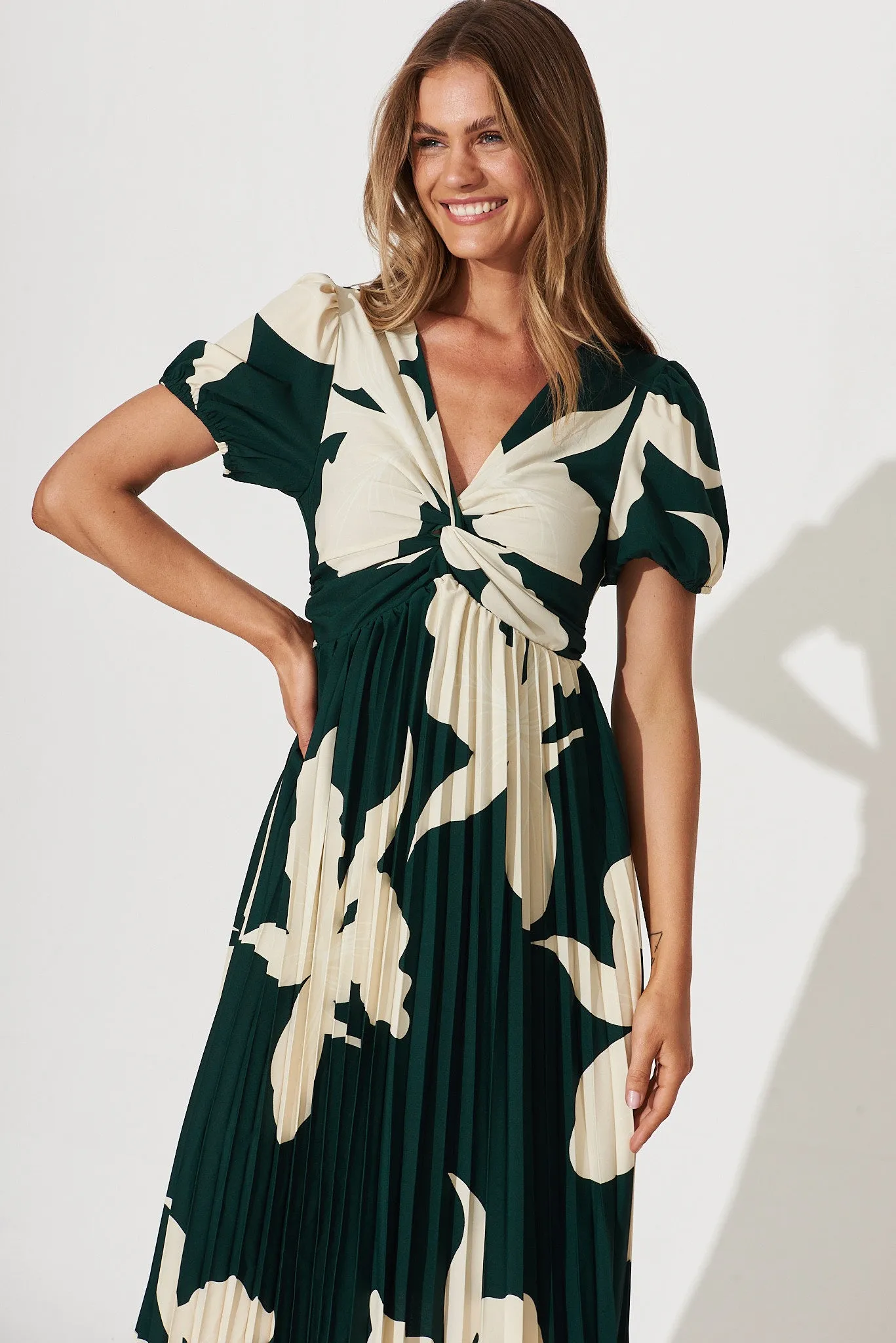 Jordana Midi Dress In Emerald With Cream Floral Print sold by St Frock product image thumbnail 2