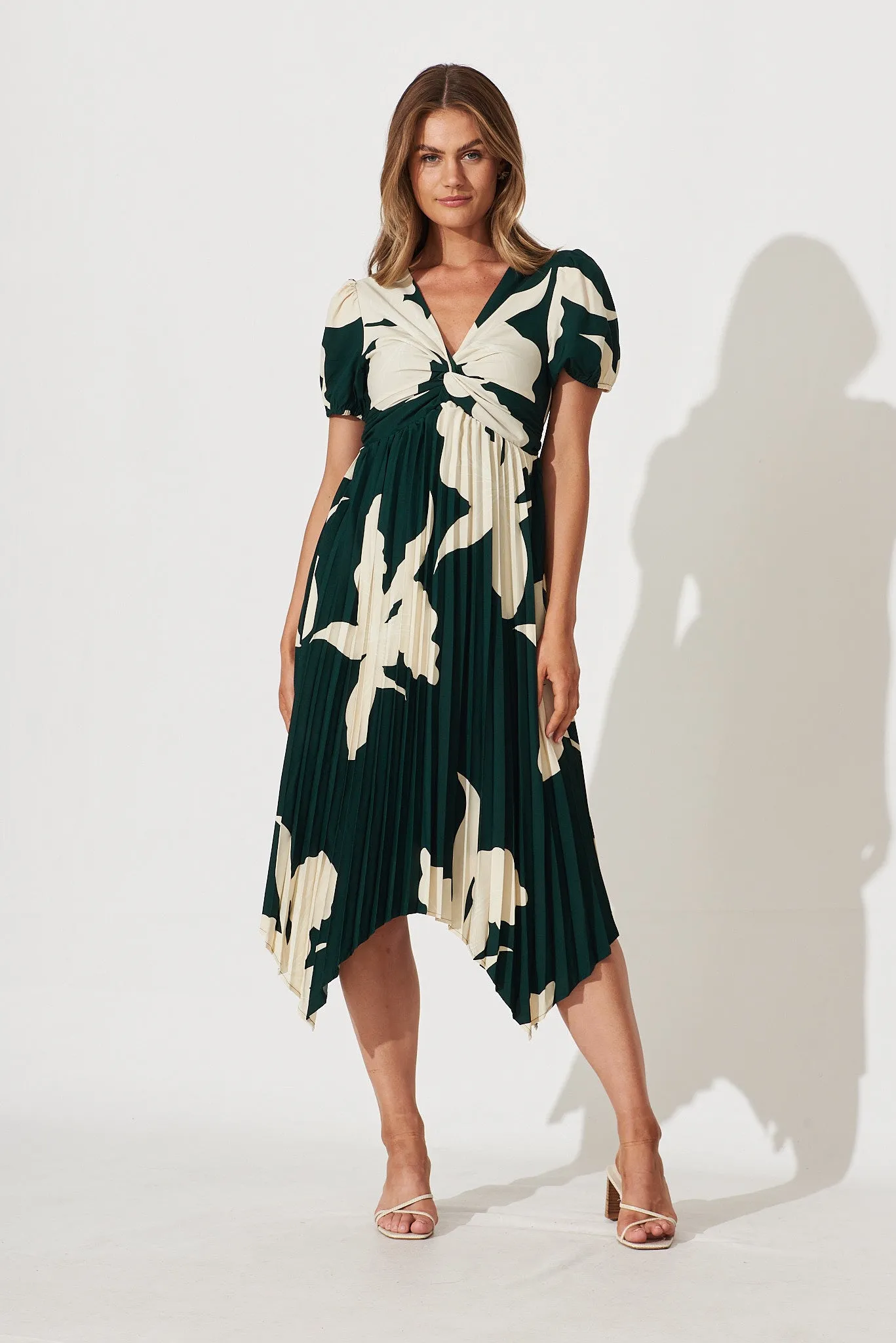 Jordana Midi Dress In Emerald With Cream Floral Print sold by St Frock