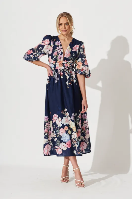 Camie Maxi Dress In Navy With Orange Floral sold by St Frock