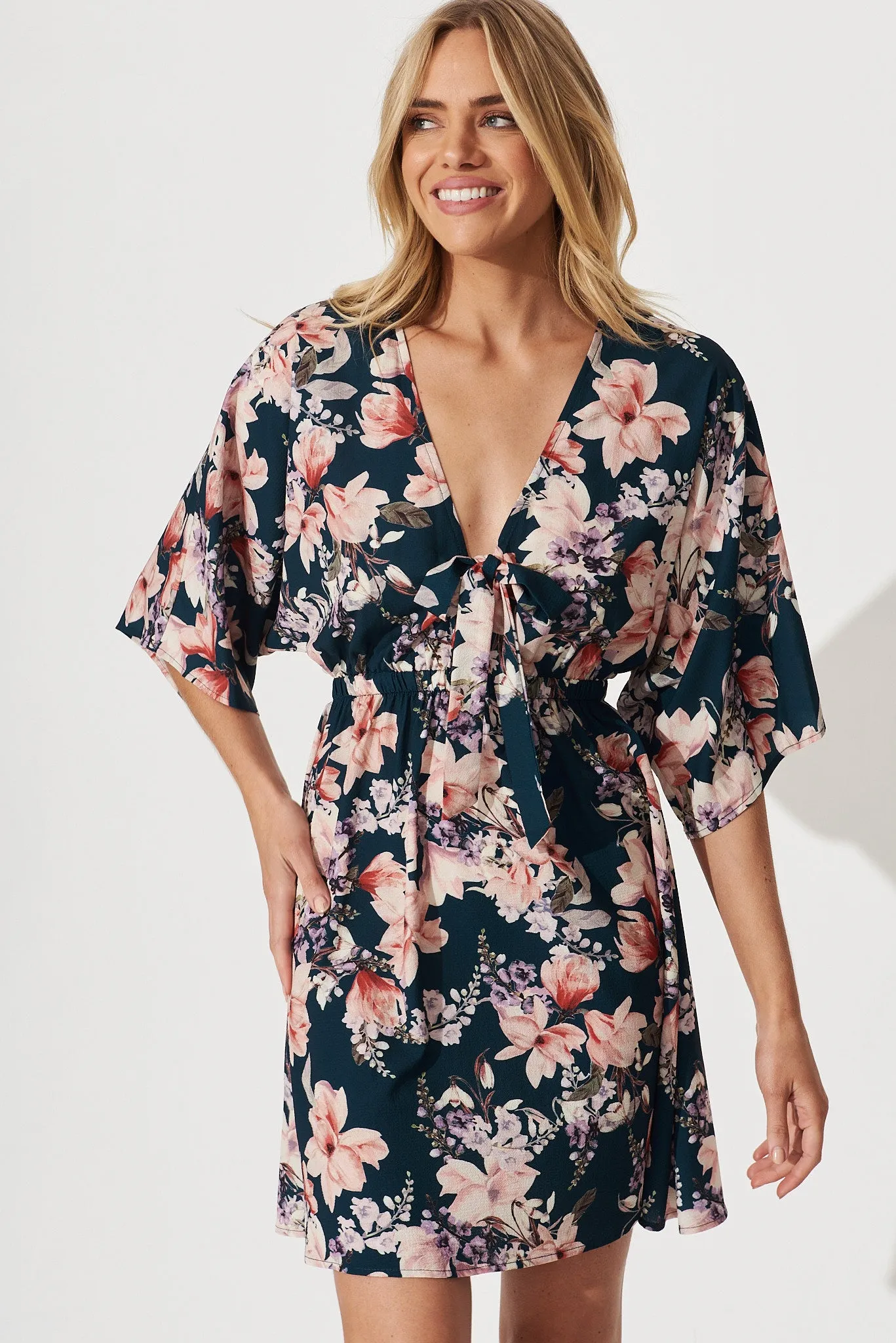 Ava Dress In Teal With Pink Floral sold by St Frock product image thumbnail 3