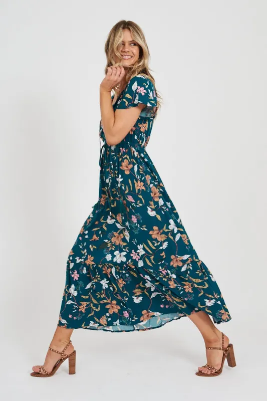 Jemora Maxi Dress In Teal With Apricot Floral sold by St Frock