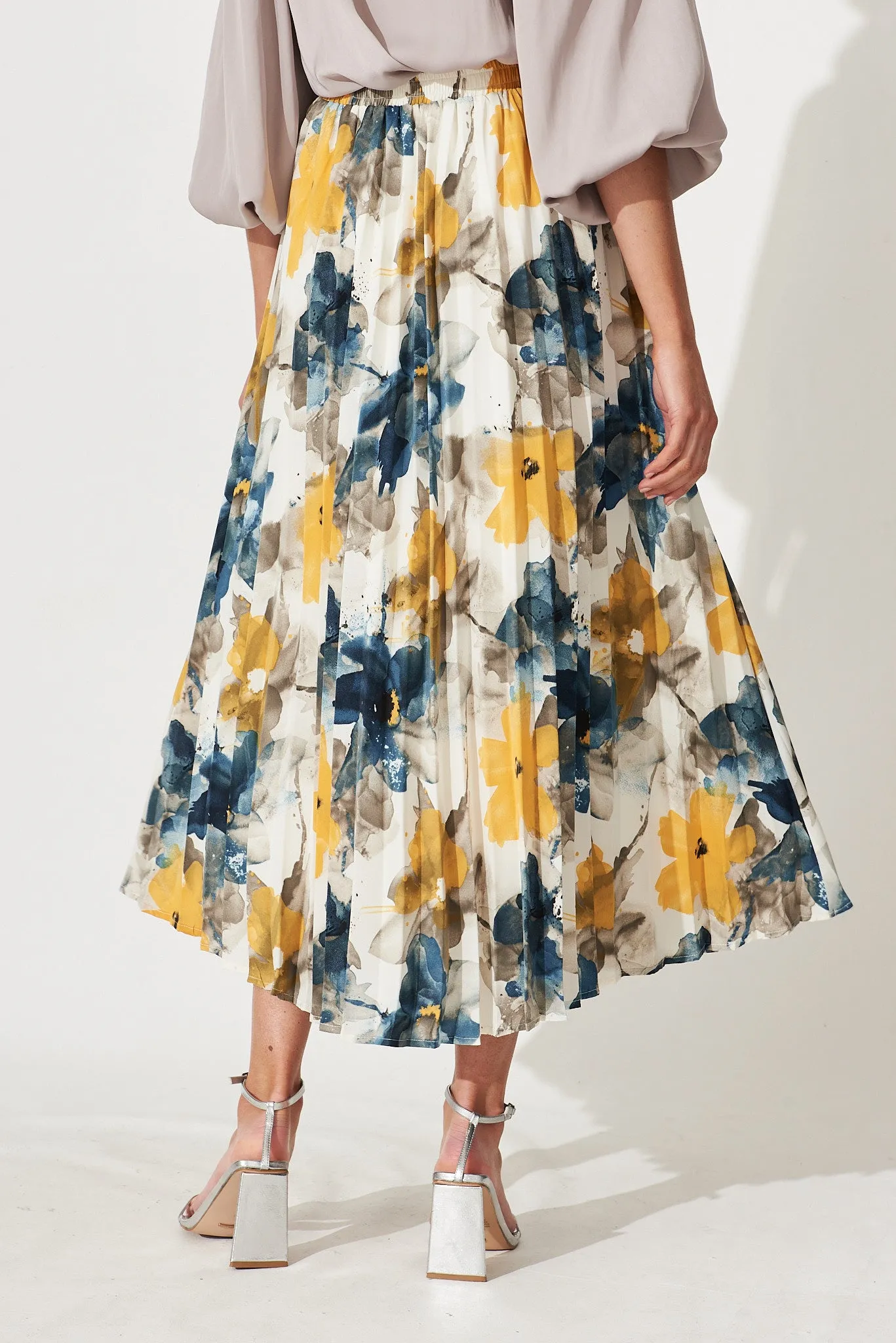 Amary Midi Pleat Skirt In Navy With Yellow Watercolour Print sold by St Frock product image thumbnail 4