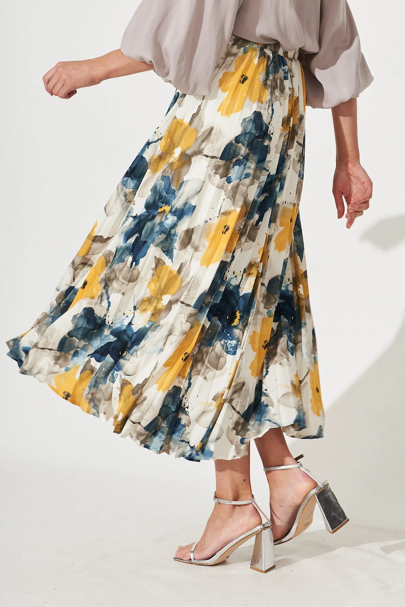 Amary Midi Pleat Skirt In Navy With Yellow Watercolour Print sold by St Frock product image thumbnail 3