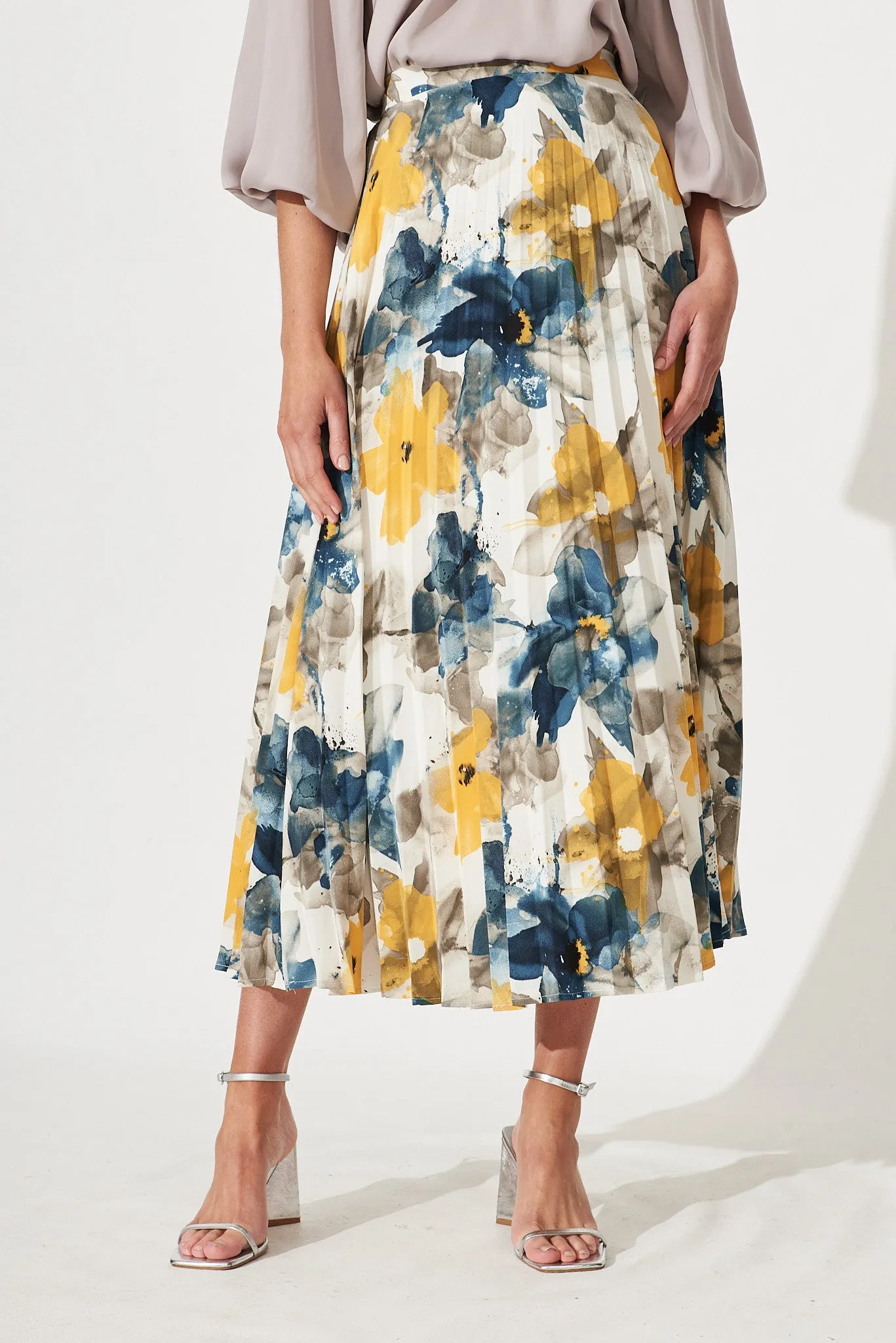 Amary Midi Pleat Skirt In Navy With Yellow Watercolour Print sold by St Frock product image thumbnail 2