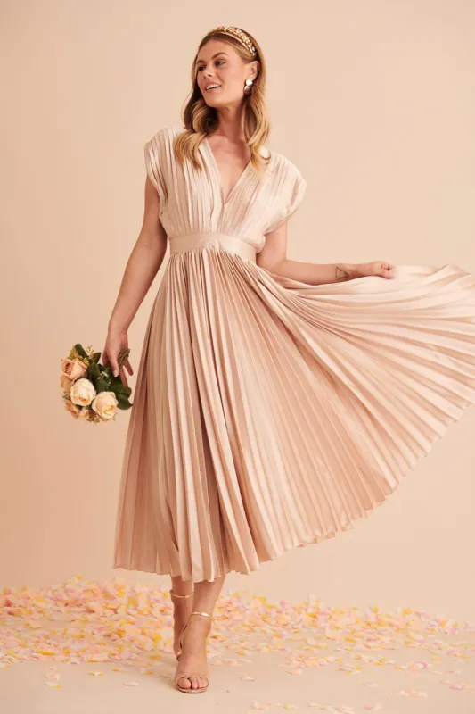 Anetta Midi Dress In Pleated Champagne Satin sold by St Frock