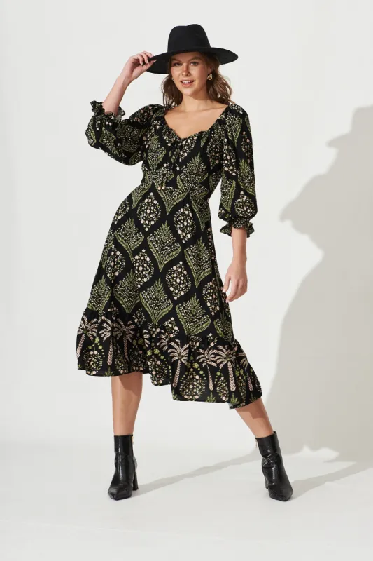 Kate Midi Dress In Black With Green Ditsy Floral sold by St Frock