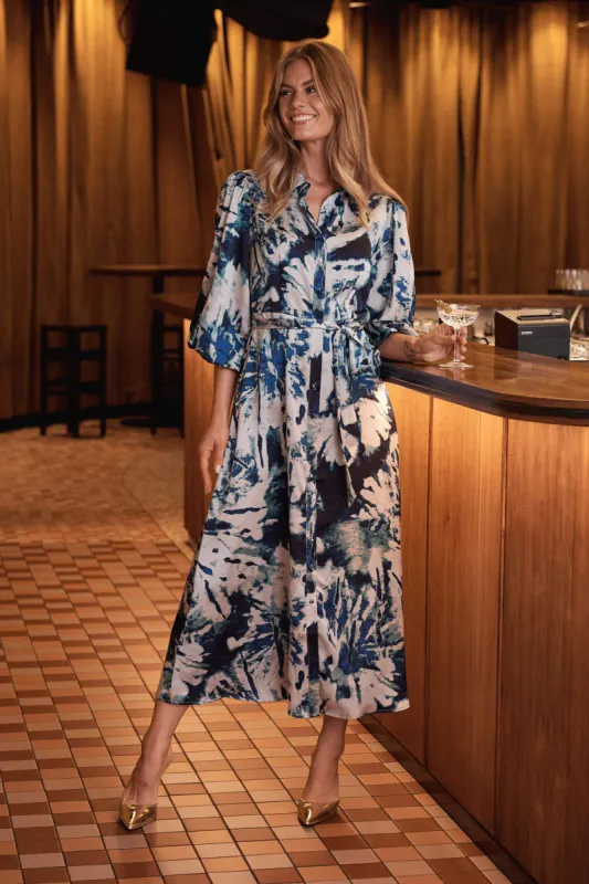Gabi Maxi Shirt Dress In Cream With Navy Floral Satin sold by St Frock