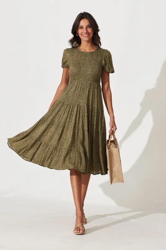 Calypso Midi Dress In Khaki With Green Print sold by St Frock