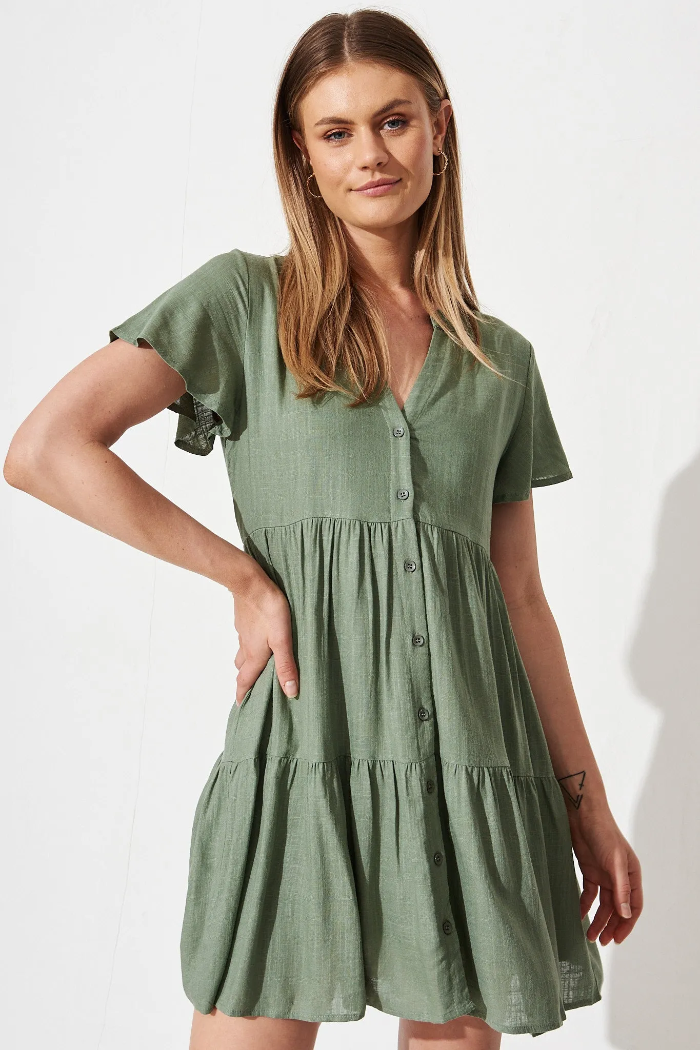 Adeline Shirt Dress In Khaki Linen Blend sold by St Frock product image thumbnail 2