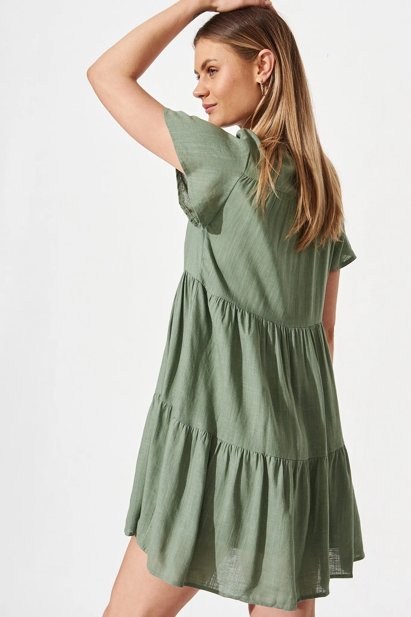 Adeline Shirt Dress In Khaki Linen Blend sold by St Frock product image thumbnail 3