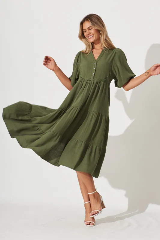 Nantes Midi Smock Dress In Khaki Linen Blend sold by St Frock