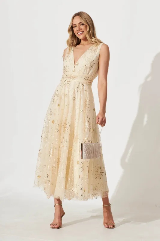 Dazzle Maxi Dress In Gold Sequin Tulle sold by St Frock