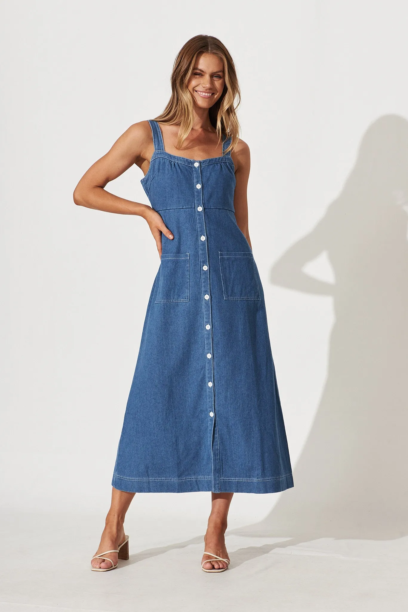 Dream Midi Dress In Wash Blue Denim sold by St Frock