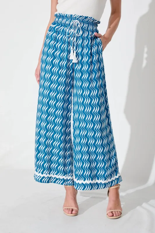 Maya Pant In Blue And White Print With Ric Rac Trim sold by St Frock