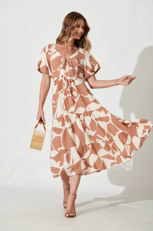 Julia Midi Dress In Tan With Cream Geometric Print sold by St Frock