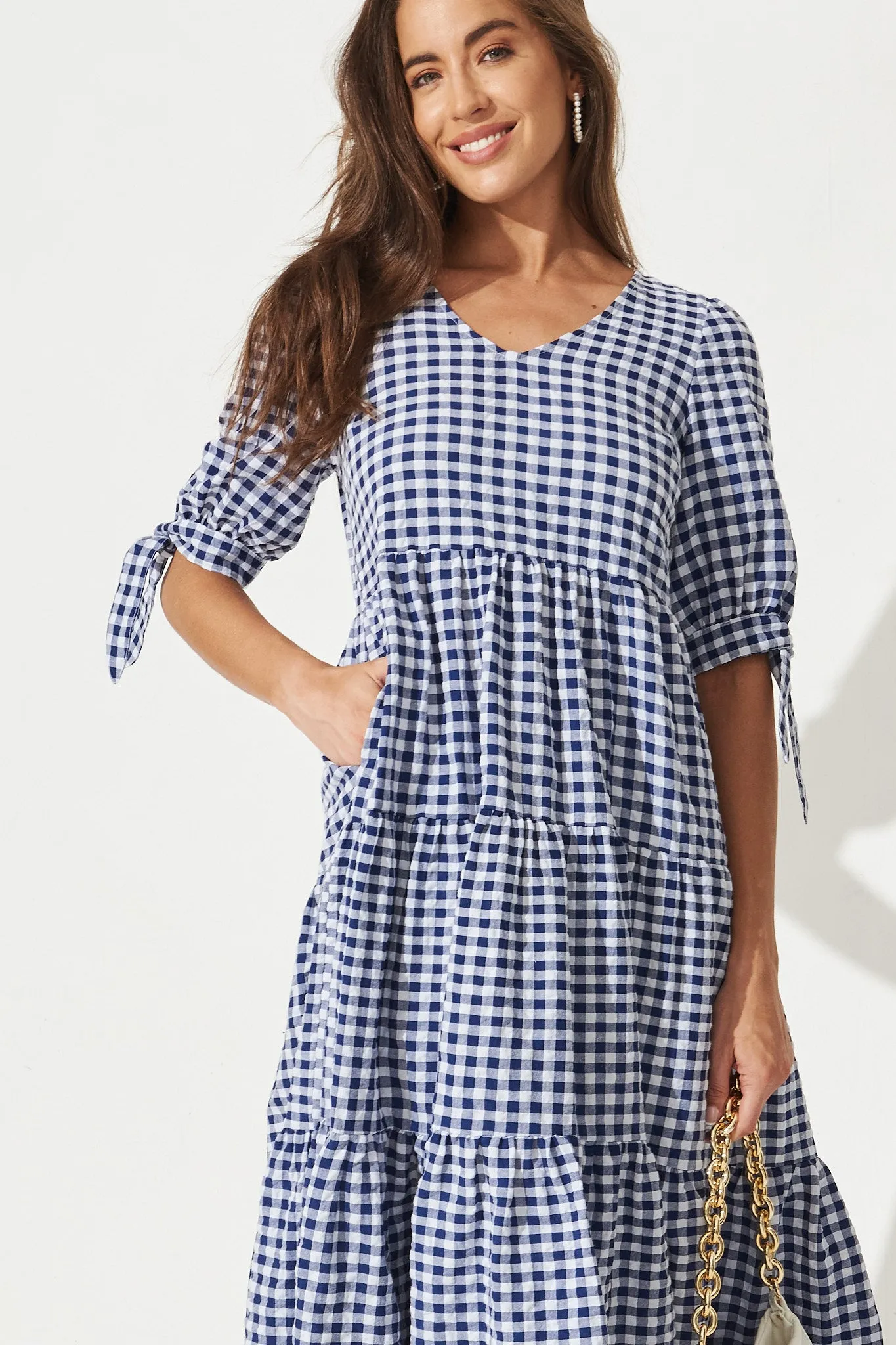 Odewick Midi Dress In Navy Gingham sold by St Frock product image thumbnail 2