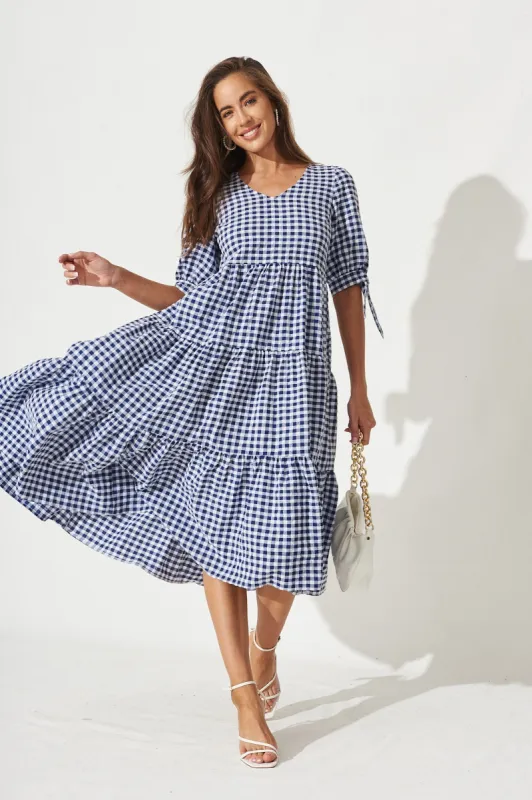 PRE ORDER Odewick Midi Dress In Navy Gingham sold by St Frock
