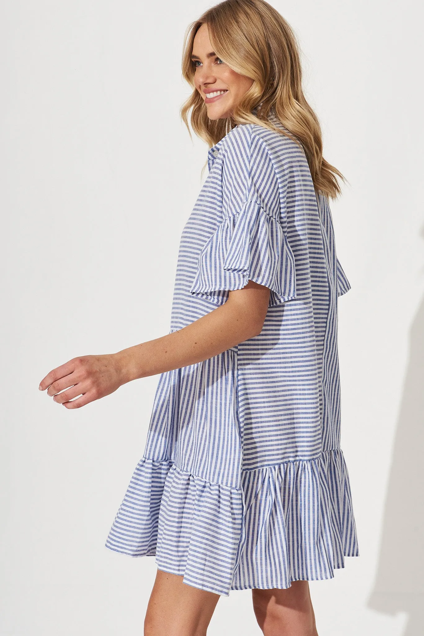Freya Shirt Dress In Navy With White Stripe Cotton sold by St Frock product image thumbnail 3