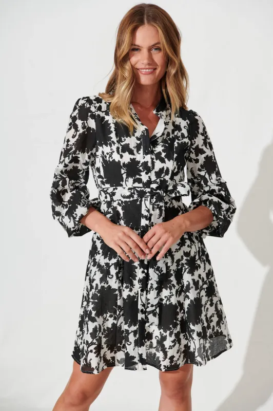 Mallorie Shirt Dress In Black And White Cotton Blend sold by St Frock