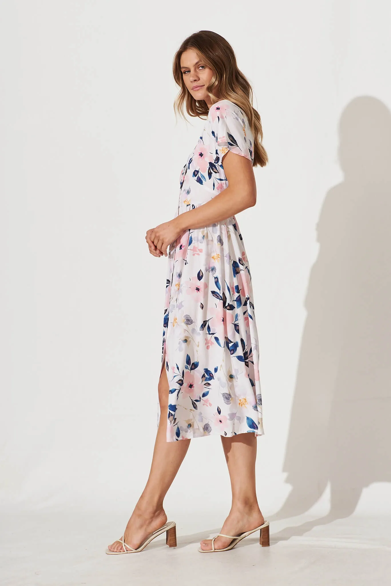 Anthea Midi Dress In White With Pink Watercolour Floral sold by St Frock product image thumbnail 3