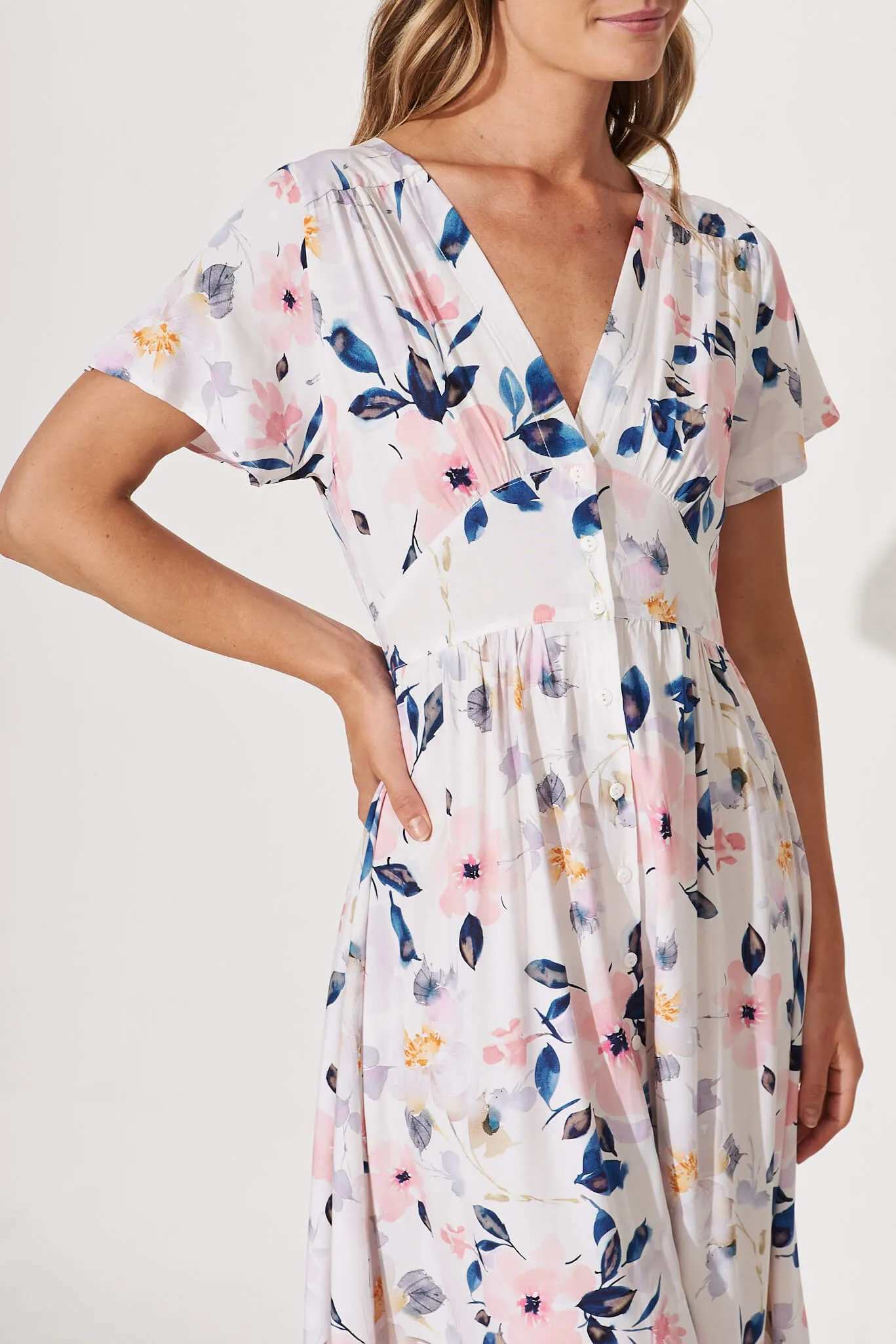 Anthea Midi Dress In White With Pink Watercolour Floral sold by St Frock product image thumbnail 5