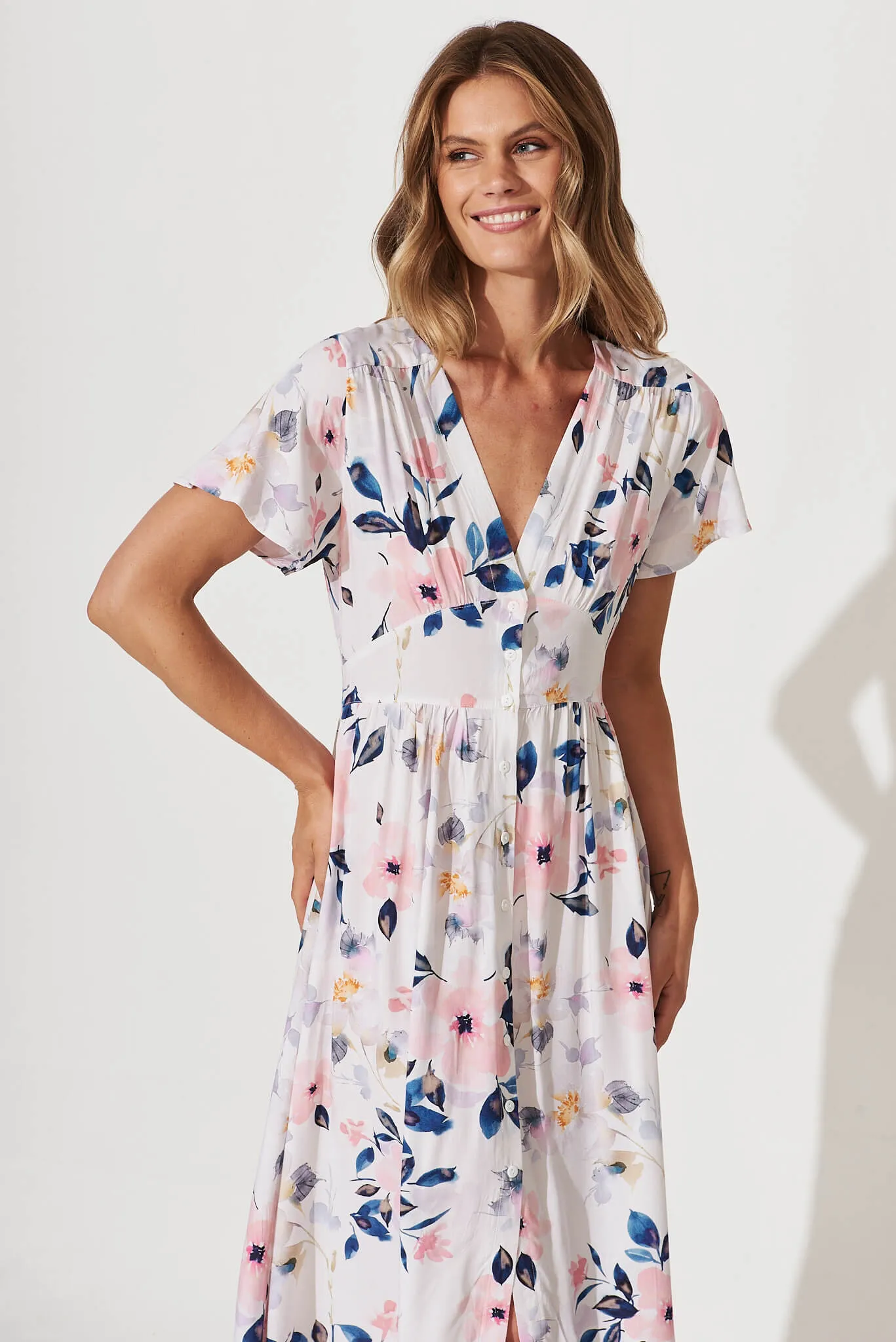 Anthea Midi Dress In White With Pink Watercolour Floral sold by St Frock product image thumbnail 2