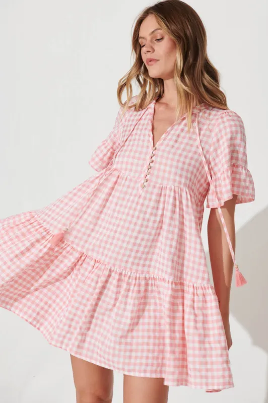 Tahnee Smock Dress In Pink And White Gingham Cotton Blend sold by St Frock