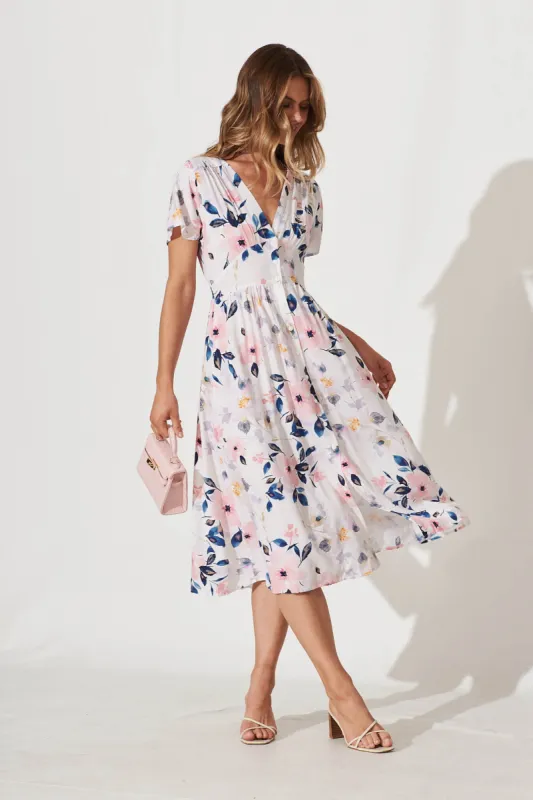 Anthea Midi Dress In White With Pink Watercolour Floral sold by St Frock