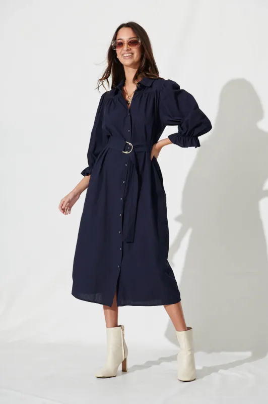 Sicilian Midi Shirt Dress In Navy Cotton sold by St Frock