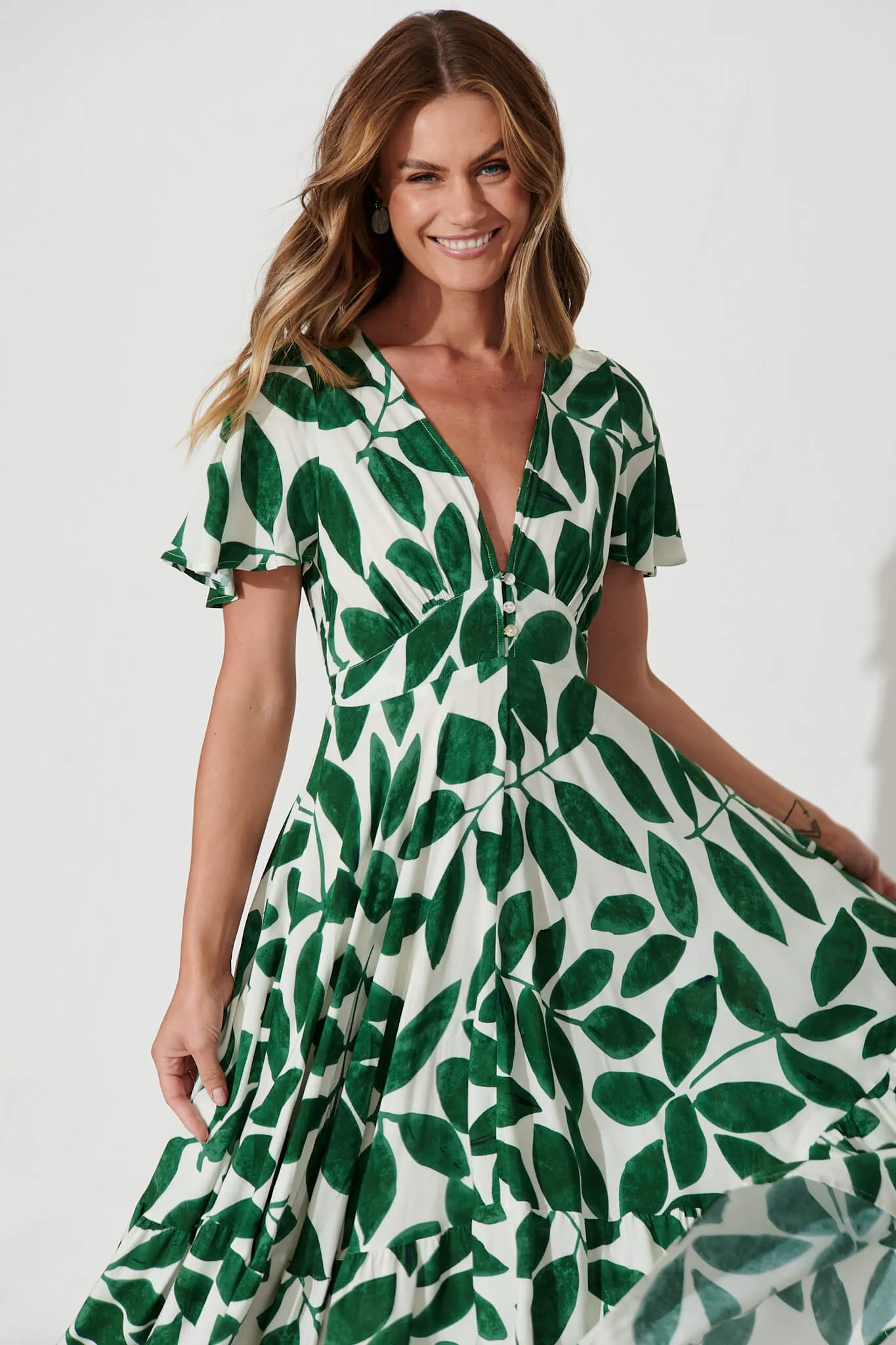 Nevada Maxi Dress In Cream With Green Leaf Print sold by St Frock product image thumbnail 2